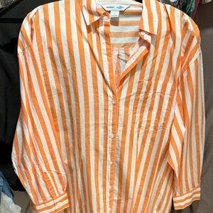 Old Navy Women's Orange and White Striped Button-Down Shirt